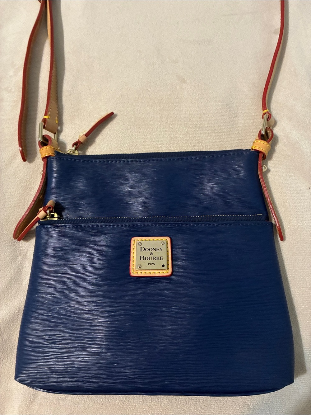 Dooney & Bourke Blue Crossbody 25 with Tan and Red Trim, “Summer Fun”